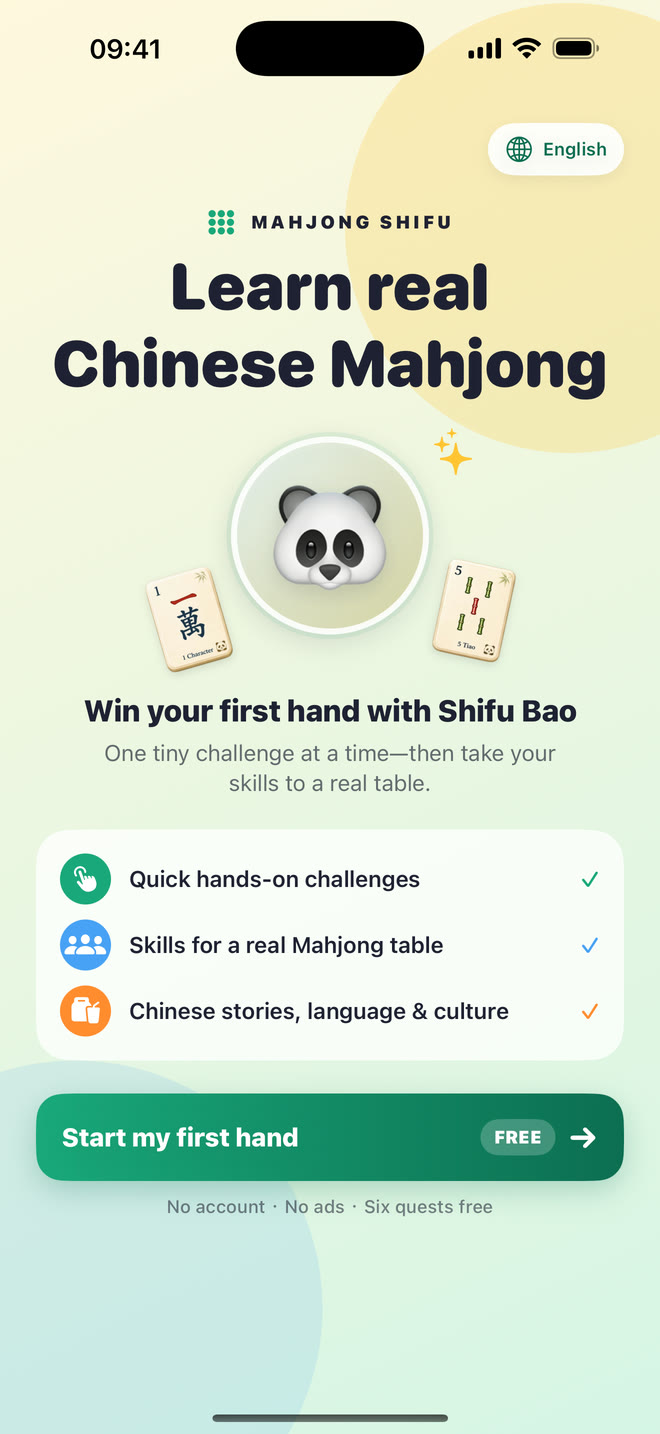 Mahjong Shifu welcome screen with Shifu Bao